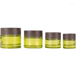 Opslagflessen olijfgroen glas cosmetische potten lege make -upmonster containers fles met houten korrel lekvrije plastic deksels voor lotion