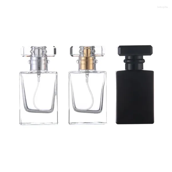 Botellas de almacenamiento Botella de vidrio de perfume Logotipo personalizado de 50 ml Spray de cuadrado plano negro transparente vacío 200pcs