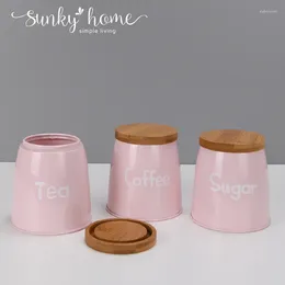 Opslagflessen roze kleur keukenbakken sets voor thee koffie suikerboon poeder snoeppotten graan dispenser met metalen dekselfles