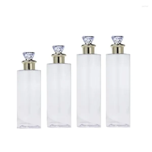 Botellas de almacenamiento Tóner de plástico Vacío Claro PET 100 ml 120 ml 200 ml 300 ml 400 ml 500 ml Botella de loción con tapa de diamante dorado de lujo para gel de ducha