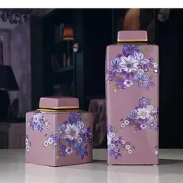 Botellas de almacenamiento Flor de iris púrpura Frascos decorativos pintados con tapas Decoración de escritorio Cerámica Té Caddy Azúcar Jar Arreglo de porcelana