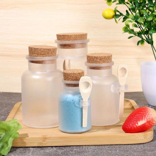 Botellas de almacenamiento Tarro de sello esmerilado recargable con cuchara de madera Botella de sal de baño Tapón de corcho suave Contenedores de viaje vacíos 100-500 g