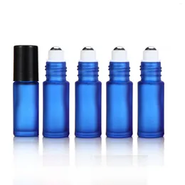 Bouteilles de stockage rechargeables épaisses 5ml, rouleau vide sur bouteille en verre givré bleu pour huile essentielle parfum boule à roulettes en métal 800 pièces/lot