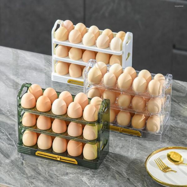 Bouteilles de stockage Réfrigérateur Porte-plateau à œufs Fonction de minuterie haute capacité Transparent Visible Flip-Type 3 couches Accessoires de cuisine verticaux