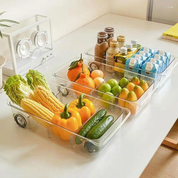 Botellas de almacenamiento Refrigerador de refrigerador Bins Caja de refrigerador transparente con rodillos Cocina apilable Bebidas de verduras