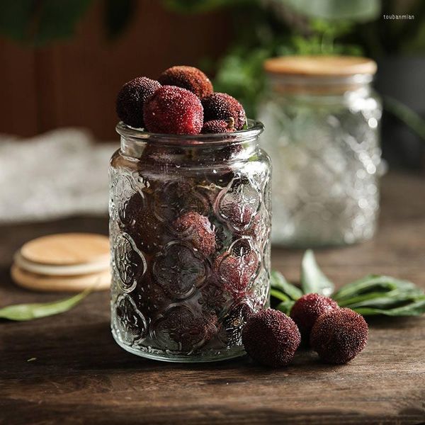 Botellas de almacenamiento Retro en relieve Begonia Flor Frascos de vidrio Cocina Tanque sellado Contenedor de alimentos Tarro de albañil con cubierta de bambú Decoración para el hogar