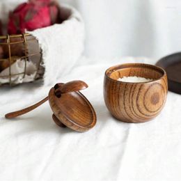Bouteilles de rangement pot d'assaisonnement en bois rétro avec cuillère à épices en bois massif de la cuisine