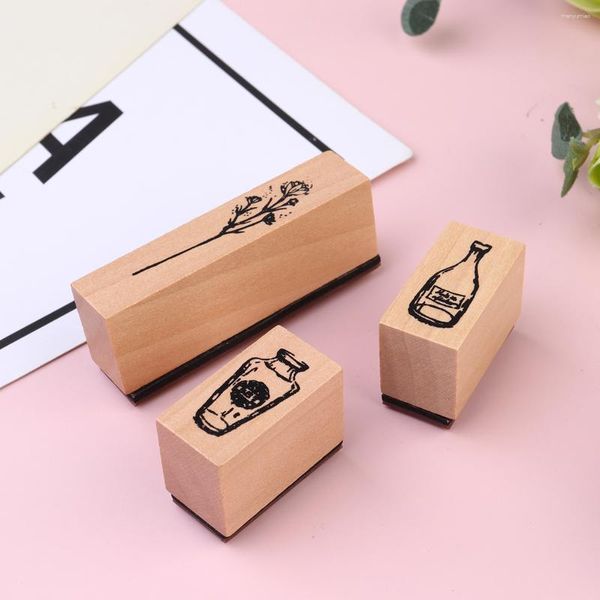 Botellas de almacenamiento Retro Wooden Stamps Set y Flower Scrapbooks Herramientas decorativas de sello para DIY Craft Diary