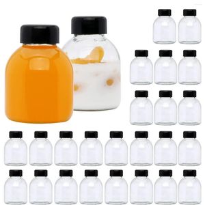 Bouteilles de stockage Verres réutilisables Récipients jetables transparents avec bouchons noirs Qualité alimentaire pour jus de lait et autres boissons