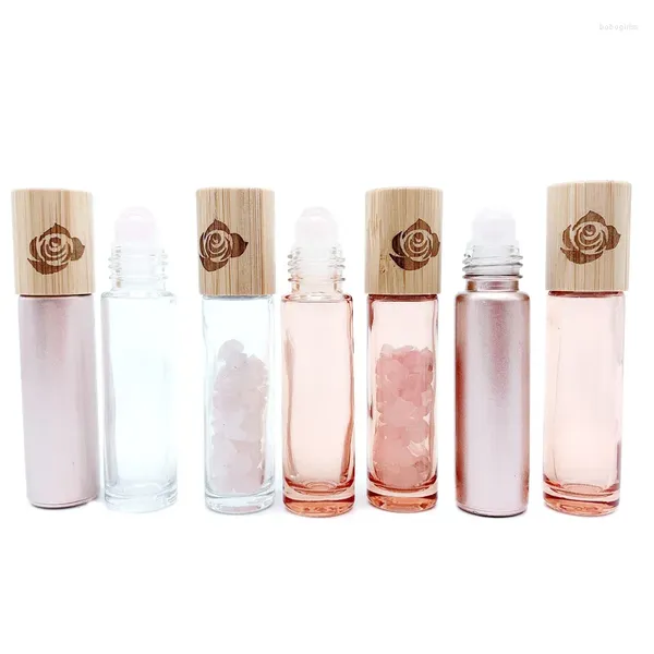 Botellas de almacenamiento Botella de rodillo de cuarzo de rosa Aceite esencial de aceite esencial Patrón de tapa de bambú Natural Gémica de cristal 10 piezas