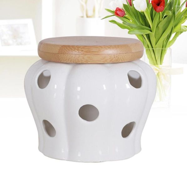 Bouteilles de stockage, pots ronds en céramique, conteneur avec couvercles en bambou pour sceller l'ail et le gingembre