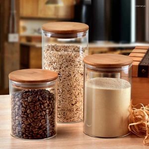 Bouteilles de stockage bocaux ronds en verre avec couvercle en bambou pour grains de café Grains nouilles récipients alimentaires organisateurs de cuisine