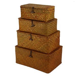 Bouteilles de rangement paniers en jonc de mer avec couvercles, paniers rectangulaires tissés, organisateur en osier pour étagère, lot de 4