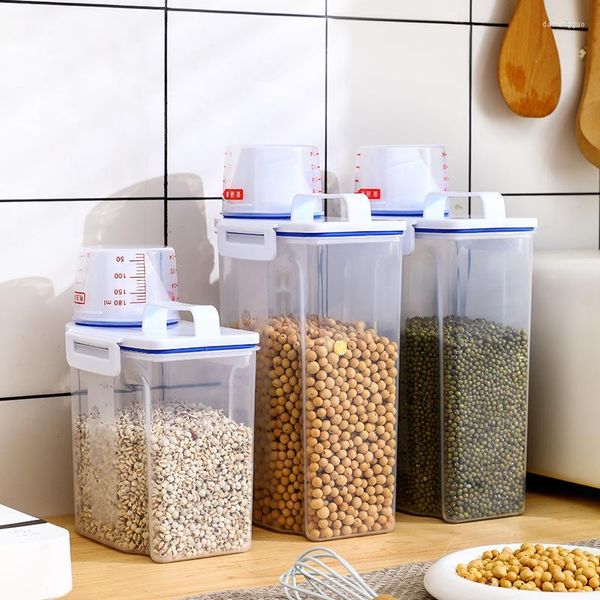 Botellas de almacenamiento Cubo de arroz sellado Hogar Cocina A prueba de humedad Tanque de granos resistente a los insectos con taza medidora Contenedores de alimentos para mascotas