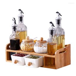 Botellas de almacenamiento Caja de condimentos Tanque Cajón de vidrio cerámico Frasco de sal Soporte de bambú Frascos de olla de aceite Especias Recipientes pequeños de plástico con tapas