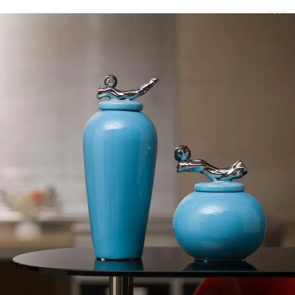 Bouteilles de rangement simplicité pots en porcelaine bleu avec couvercles argent couvercle en céramique Vase Flower Arrangement de bureau décoration Jar cosmétique moderne