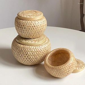 Botellas de almacenamiento Mini cesta pequeña con tapa, lata de té, caja de embalaje de alimentos, maceta de flores, regalo, tejido de bambú hecho a mano, doble capa