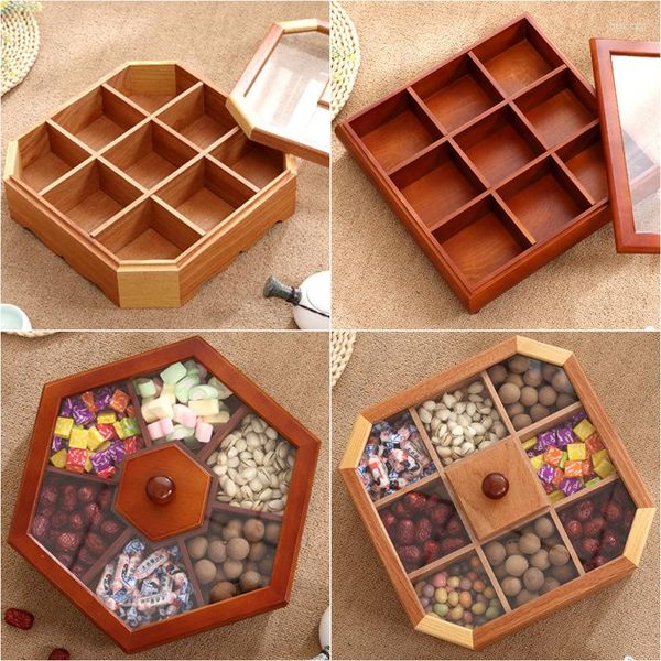 Bouteilles de stockage en bois massif écrou plaque créative Style chinois ménage salon divisé boîte à bonbons en bois avec couvercle