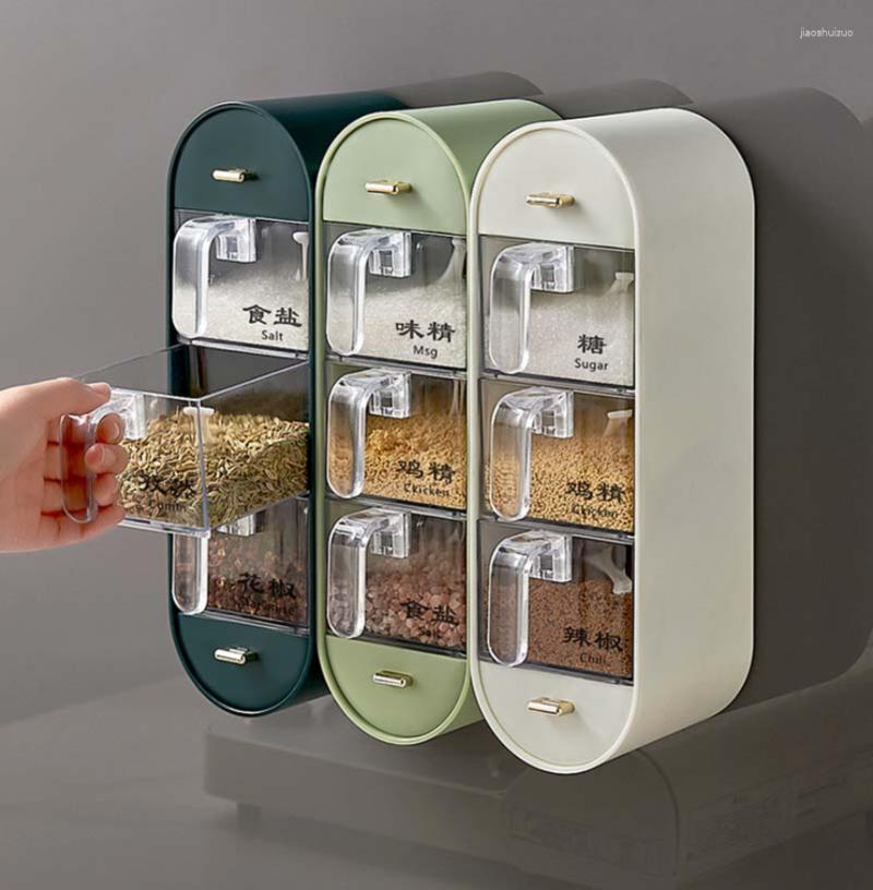 Aufbewahrung Flaschen Gewürzregal für Küchenzucker und Salzglasgewürz Behälter Box Haushaltswand montiert Punch-Free Combination Set1PC