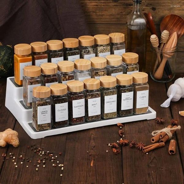 Bouteilles de rangement pots d'épices carrés verre transparent bouteille d'assaisonnement transparent perforée avec récipient de poivre de couvercle en bois en bambou pour rack