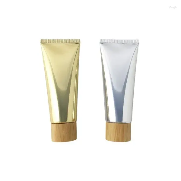 Bouteilles de stockage Tube à presser 80G 80ML vide or argent plastique souple rechargeable couvercle en bois de bambou cosmétiques crème Lotion