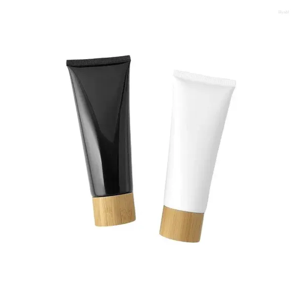 Botellas de almacenamiento Tubos de compresión Tapa de madera de bambú Blanco Negro Limpiador facial Envase cosmético Recargable Vacío Cuidado de la piel Protector solar Botella suave