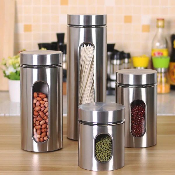 Botellas de almacenamiento Recipiente de cocina de acero inoxidable con ventana de vidrio Organizador plateado para cereales Azúcar Frijoles Contenedor de especias Tarro 1 paquete