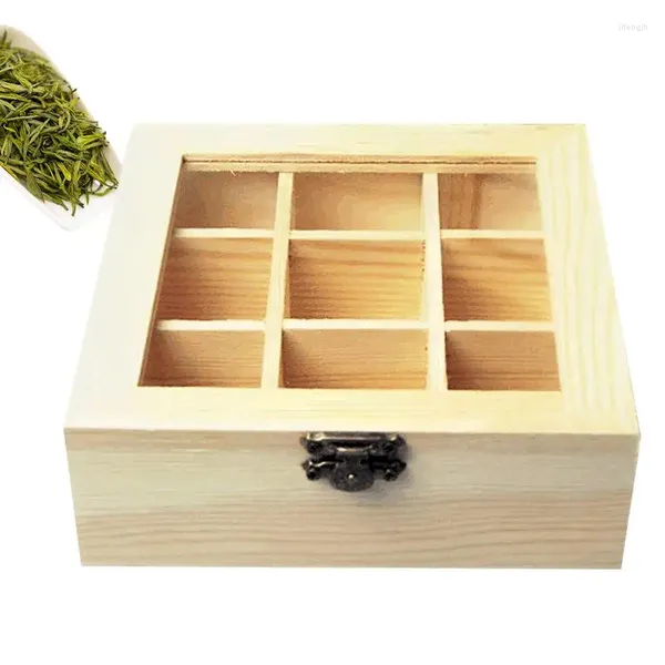 Botellas de almacenamiento, caja de bolsa de té de madera con ventana de visualización, contenedor de pecho de madera multifuncional para bolsas, especias de café