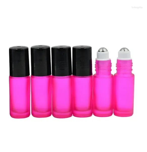 Botellas de almacenamiento gruesas 5 ml 1/6 oz rosa rosa vacío Botella de vidrio para fragante esencial Oil Bottel Metal Roller Ball 300pcs/Lot
