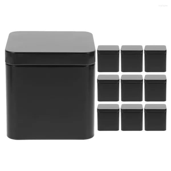 Bouteilles de stockage en fer blanc, petit carré Portable en métal, ensemble de 10 pièces (noir), pot de thé, conteneur de biscuits