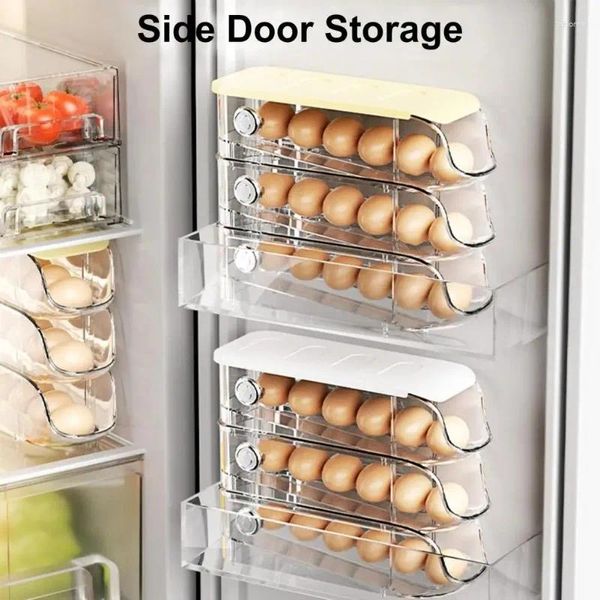 Botellas de almacenamiento Caja de huevos transparente Contenedor de gran capacidad Visible Automatización Tipo rodante Soporte para refrigerador Accesorios de cocina