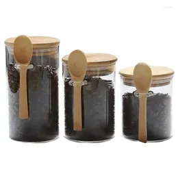 Opslagflessen transparante glazen containers met bamboe deksels houten lepel keukenfles voor bloembruine suiker losse bladthee