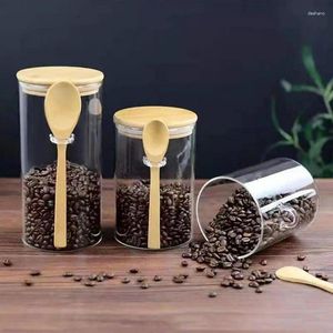 Bouteilles de rangement contenants en verre transparent avec bambou couvercles cuillère en bois pour la farine de cassonade et thé de feuille en vrac