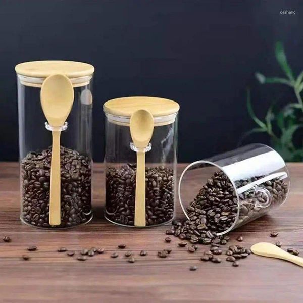 Botellas de almacenamiento recipientes de vidrio transparente con párpados de bambú Cuchara de madera de frasco para la harina de azúcar morena y té de hoja suelta