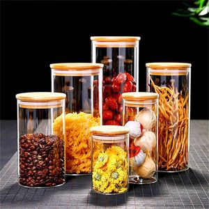 Bouteilles de rangement bocal en verre transparent avec couvercle en bambou scellé plats à thé lâche de café contenant des grains de cuisine accessoires