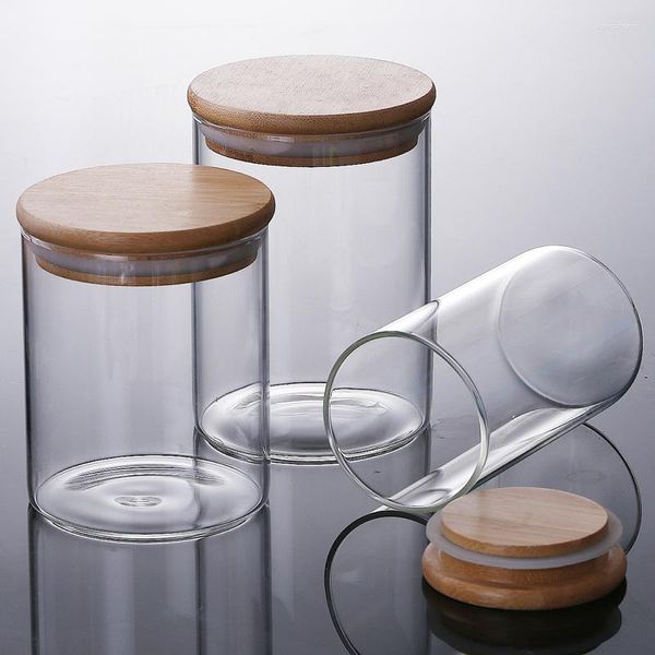 Botellas de almacenamiento Frascos de vidrio transparentes y tapas de bambú Contenedores de azúcar para alimentos con tapa Botella pequeña sellada Artículos de cocina