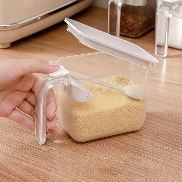 Botellas de almacenamiento Caja de estilo japonés de plástico sellado transparente con tapa y cuchara a prueba de humedad