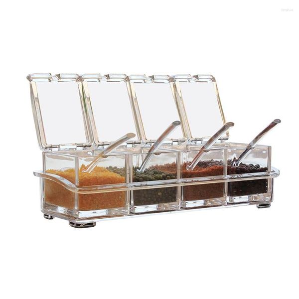 Bouteilles de stockage boîte d'assaisonnement transparente ensemble de 4 pots à épices bouteille de sel de sucre multifonction avec cuillère étui d'accessoires de cuisine