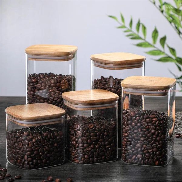 Bouteilles de rangement transparent carré scellé scellé haut borosilicate jume épice en verre avec couvercle de cuisine couvercle grain de café