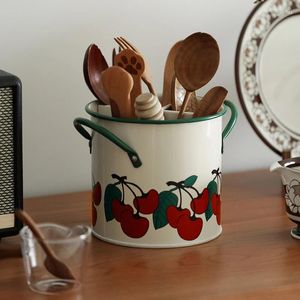 Bouteilles de rangement Cherries Vintage Spoon Rests Clips Pot Clips Boîtes d'ustensiles de cuisine pour porte-bagages avec 4 grilles Buckets en métal