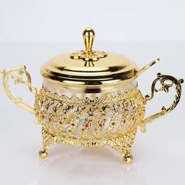 Opslagflessen vintage gouden glazen potten suiker zoutpeper container kruidenkast met lepel en deksel luxe keukenkruidorganisatorbus