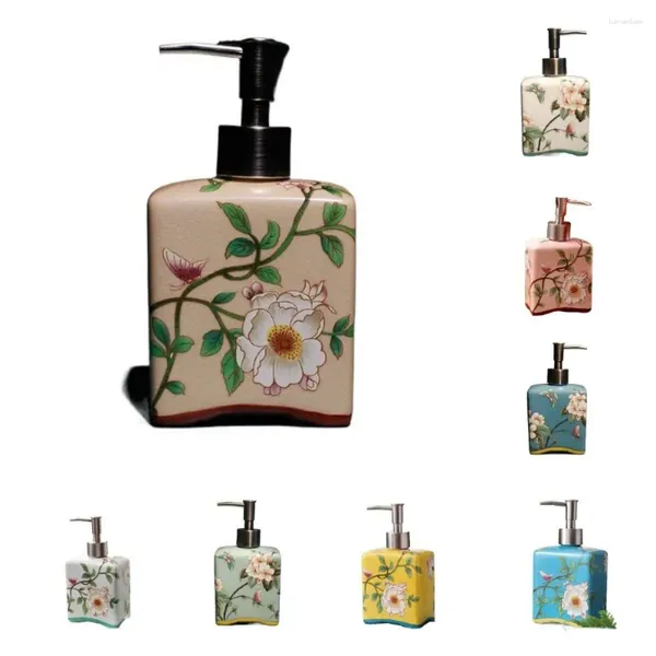 Bouteilles de rangement Distributeur de savon pour les mains Vintage Pompe à lotion rechargeable de style chinois Bouteille en céramique amovible en porcelaine florale