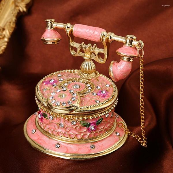 Bouteilles de rangement Vintage téléphone forme bijoux bibelot boîte à charnière figurine étui émail strass décor anneau organisateur cadeau créatif