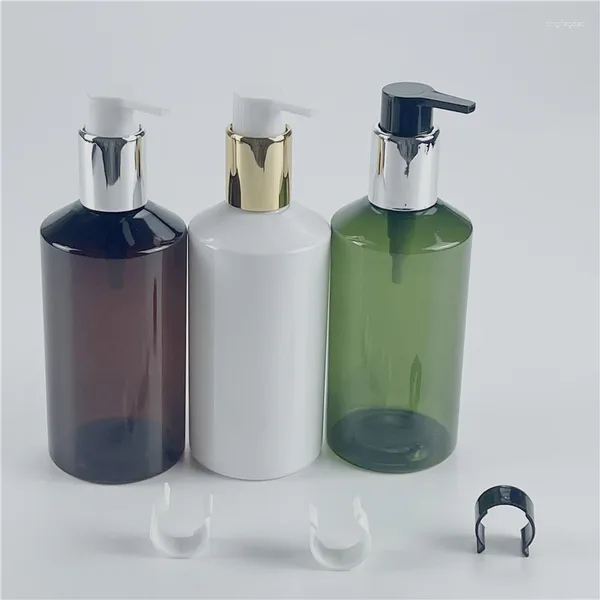 Botellas de almacenamiento Blanco 300 ml x 20 Collar de oro plateado Bomba de loción Botella cosmética Plástico vacío para champú Jabón líquido Gel de ducha