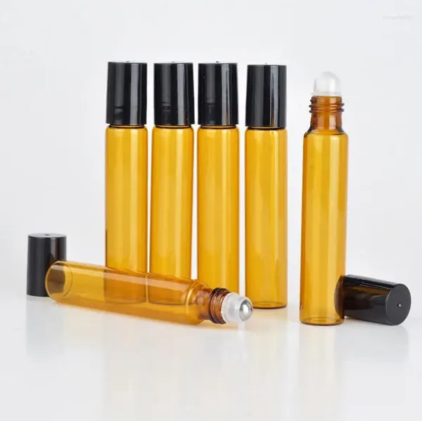 Bouteilles de rangement en gros 10 ml rouleaux d'ambre Huiles essentielles Roll-on Rechargeable Perfume Bottle avec couvercle noir