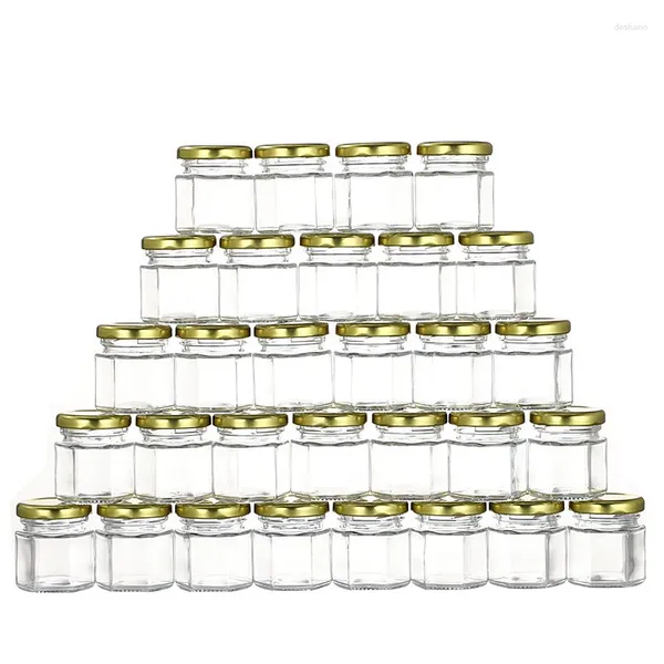 Bouteilles de rangement en gros de 1500 unités 45 ml de miel en verre hexagonal avec couvertures en or