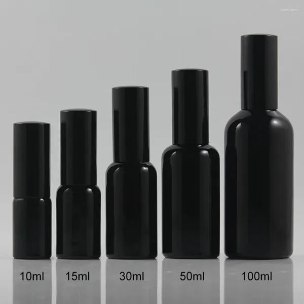 Botellas de almacenamiento al por mayor 15 ml de aceite negro Envasado cosmético Spray y loción Botella de vidrio con tapa de aluminio