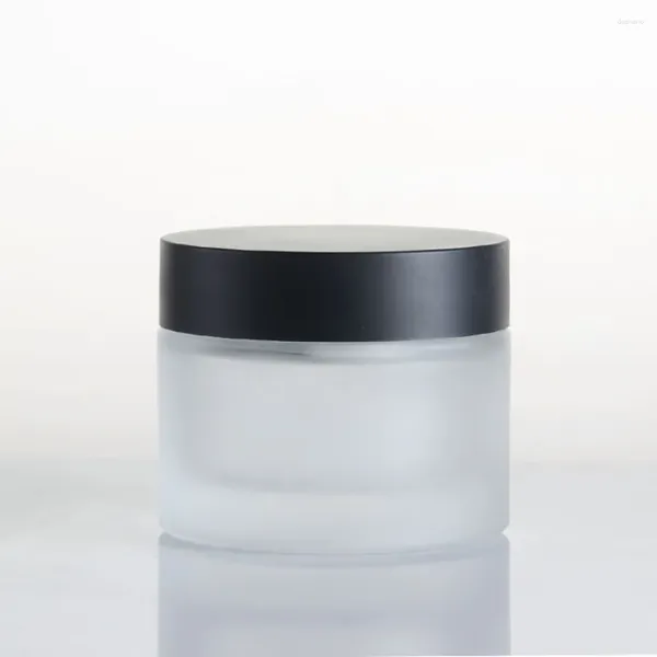 Bouteilles de rangement en gros 50 g de verre en verre crème pour le visage avec capuchon noir 50 ml de soins de la peau rechargeable