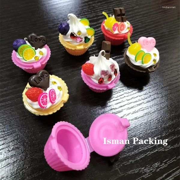 Bouteilles de stockage en gros 50pcs mini mignon chocolat lèvre gommage cas vide crème glacée fruits forme cupcake brillant conteneur emballage 5g