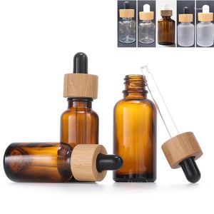 Opslag Flessen Groothandel 5 ml-100 ml Druppelflesje Bamboe Houten Deksel Bruin Glas Apart Transparant Masker Huidverzorging Essentie olie